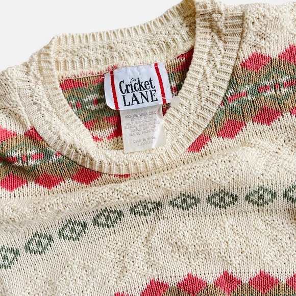 Vintage Cricket Lane Cream Pink Tan Knit Fair Isle Short Sleeve Sweater Blouse - Picture 3 of 6